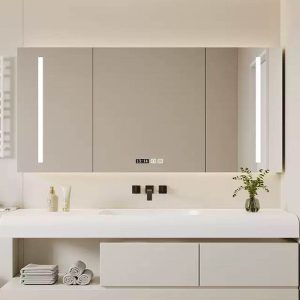 Beige 4 Shelves Medicine Cabinet with 3 Doors, Mirror Defogger, Lighting System, Rectangle Shape & Hydrophobic, 67"L x 6"W x 28"H