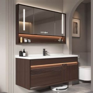 Cocoa Bathroom Vanity with 1 Drawer, 4 Doors, White Rectangular Sink, Backsplash, and Shelf, 48"L x 20"W x 19"H, Vanity & Faucet & Smart Half Mirror Cabinet