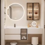Bathroom Vanity with 3 Drawers, Sintered Stone Sink, Cabinet Hardware, 1 Mirror, Beige Base, Chalk Sink, and 3 Doors, 59"L x 22"W x 22"H, Vanity & Faucet & Sensor Mirror Cabinet & Mirror