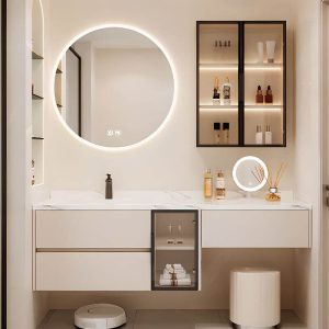 Bathroom Vanity with 3 Drawers, Sintered Stone Sink, Cabinet Hardware, 1 Mirror, Beige Base, Chalk Sink, and 3 Doors, 59"L x 22"W x 22"H, Vanity & Faucet & Sensor Mirror Cabinet & Mirror