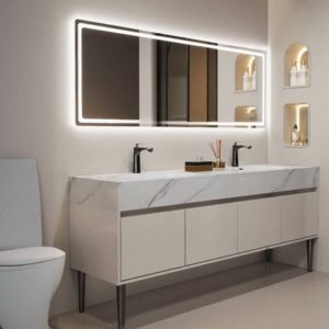 Black Bathroom Vanity with Stone Countertop, Free-standing Standard, 1 Mirror, 4 Doors, Chalk Sink, and Rectangular Shape, 51"L x 20"W x 32"H, Vanity & Faucet & Smart Mirror