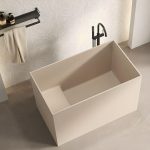 Freestanding Bathtub with Seat, Rectangular Casual Design, Back to Wall Soaking, Matte Pink, 47"L x 31"W x 36"H