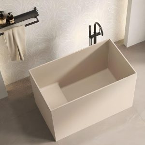Freestanding Bathtub with Seat, Rectangular Casual Design, Back to Wall Soaking, Matte Pink, 47"L x 31"W x 36"H