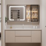 White Top Bathroom Vanity with 4 Doors, White Faucet, Rectangular Sink, Shelf, Modern Simple Style, and Drain Assembly, Vanity & Faucet & Smart Medicine Cabinet, 43"L x 19"W x 19"H