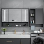 Medicine Cabinet with Hinged Door, Mirror Defogger, 5 Shelves, Dark Gray Finish, Lighting System, Hydrophobic, and Rectangle Shape, 63"L x 5"W x 30"H