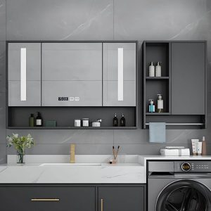 Medicine Cabinet with Hinged Door, Mirror Defogger, 5 Shelves, Dark Gray Finish, Lighting System, Hydrophobic, and Rectangle Shape, 63"L x 5"W x 30"H