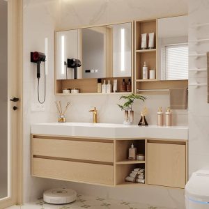 Aureate Faucet, Chalk Sintered Stone Bathroom Vanity with 3 Doors, Ceramic Sink, Shelf, and Rectangular Shape, 31.5"L x 21.7"W x 21.7"H, Vanity & Faucet & Smart Medicine Cabinet