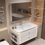 Simple White Bathroom Vanity with Cabinet Hardware, 3 Doors, Overflow Hole, Ceramic Material, and Drain Assembly, Vanity & Faucet & Mirror Cabinet, 36"L x 20"W x 19"H