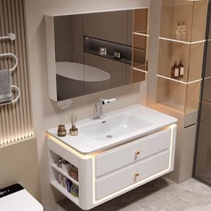 Simple White Bathroom Vanity with Cabinet Hardware, 3 Doors, Overflow Hole, Ceramic Material, and Drain Assembly, Vanity & Faucet & Mirror Cabinet, 36"L x 20"W x 19"H