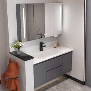 Gray Bathroom Vanity with Chalk Finish, 3 Doors, Rectangular Sink, Shelf, Ink Faucet, and Modern Simple Style, Vanity & Faucet & Smart Medicine Cabinet, 31"L x 20"W x 19"H