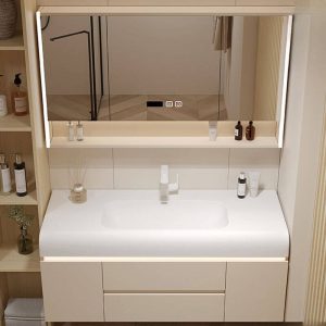 Chalk Top Bathroom Vanity with Sintered Stone Sink & 3 Doors & Overflow Hole & Simple Style & Drain Assembly & Shelf