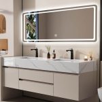 Chalk Sintered Stone Bathroom Vanity with 1 Mirror, 2 Doors, White Rectangular Sink, and Shelf, Bathroom Vanity & Faucet & Smart Square Mirror, 59"L x 20"W x 23"H