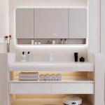 Bathroom Vanity with 3 Drawers, Sintered Stone Sink and Countertop, White Base, 3 Doors, Rectangular Shape, and White Faucet, Vanity & Faucet & Smart Medicine Cabinet, 55"L x 20"W x 6"H