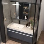 Bathroom Vanity with 1 Drawer & 1 Door & Sintered Stone Countertop & 1 Mirror & Storm Gray Chalk Sink in Art Deco Style, 47"L x 22"W x 20"H, Bathroom Vanity & Faucet & Smart Square Mirror