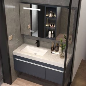 Bathroom Vanity with 1 Drawer & 1 Door & Sintered Stone Countertop & 1 Mirror & Storm Gray Chalk Sink in Art Deco Style, 47"L x 22"W x 20"H, Bathroom Vanity & Faucet & Smart Square Mirror
