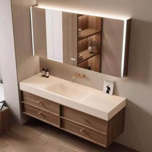 Cocoa Bathroom Vanity with Sintered Stone White Rectangular Sink, Cabinet Hardware, 1 Mirror, and White Faucet, Bathroom Vanity & Smart Square Mirror, 31"L x 20"W x 33"H