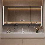 Beige Medicine Cabinet with 3 Doors, Electrical Outlet, 7 Shelves, Mirror Defogger, Lighting System & Hydrophobic, 55"L x 6"W x 28"H
