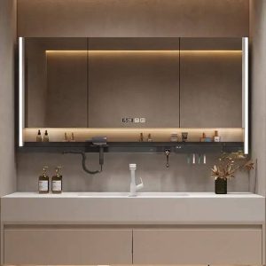 Beige Medicine Cabinet with 3 Doors, Electrical Outlet, 7 Shelves, Mirror Defogger, Lighting System & Hydrophobic, 55"L x 6"W x 28"H