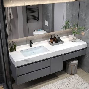 Bathroom Vanity with 3 Drawers, Stone Countertop, 1 Mirror, Gray Base, Chalk Sink, 3 Doors & Backsplash, 63"L x 20"W x 22"H, Vanity & Faucet & Smart Square Mirror & Side Cabinet