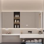 7 Shelves Chalk Medicine Cabinet with Lighting, Plug-in, Rectangle Shape, Damp-proof, and Frameless, 59"L x 6"W x 28"H