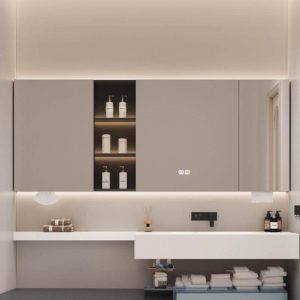 7 Shelves Chalk Medicine Cabinet with Lighting, Plug-in, Rectangle Shape, Damp-proof, and Frameless, 59"L x 6"W x 28"H