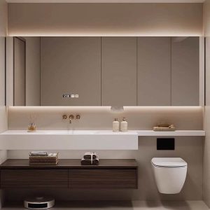 Silver 4 Shelves Medicine Cabinet with Illuminating Hydrophobic Resistance, Rectangle Shape, Plug-in, and Mirroring, 75"L x 6"W x 30"H, Enclosed Storage