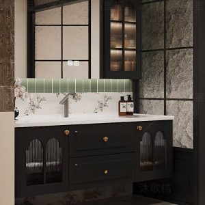 Stain Resistant Bathroom Vanity with Chrome Faucet, Black Base, Cabinet Hardware, 3 Doors, Chalk Sink, and Backsplash, Vanity & Faucet, 32"L x 20"W x 20"H