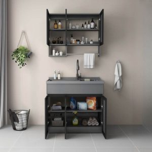 Square Quartz Sink with Dove Grey Faucet in Bathroom Vanity, Vanity & Faucet, 35"L x 23"W x 34"H