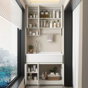 Oxidation Resistant Quartz Bathroom Vanity with Chrome Faucet & Free-standing Standard Installation & Chalk Base & 4 Doors & Backsplash, Vanity & Faucet, 55"L x 25"W x 34"H
