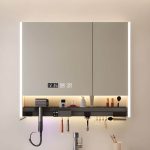 Beige Medicine Cabinet with Electrical Outlet, 5 Shelves, Illuminating, Hydrophobic Resistance, Rectangle Shape, and Plug-in, 28"L x 6"W x 30"H