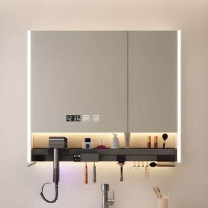 Beige Medicine Cabinet with Electrical Outlet, 5 Shelves, Illuminating, Hydrophobic Resistance, Rectangle Shape, and Plug-in, 28"L x 6"W x 30"H