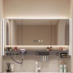 Gray Medicine Cabinet with Electrical Outlet, 5 Shelves, Illuminating Lighting, Rectangle Shape, Hydrophobic Resistance, and Plug-In, 47"L x 5"W x 28"H