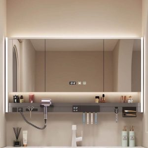 Gray Medicine Cabinet with Electrical Outlet, 5 Shelves, Illuminating Lighting, Rectangle Shape, Hydrophobic Resistance, and Plug-In, 47"L x 5"W x 28"H