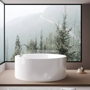 Circular Freestanding Bathtub with Roll Top Design, Casual Style, White Color, Plexiglass Material, and Soaking Therapy, Tub Only, 59"L x 59"W x 24"H
