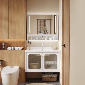 Corrosion Resistant Bathroom Vanity with 5 Doors & Cabinet Hardware & Chalk Base & Backsplash & Ceramic Countertop & Overflow Hole, 28"L x 20"W x 18"H, Vanity & Faucet & Half Mirror Cabinet