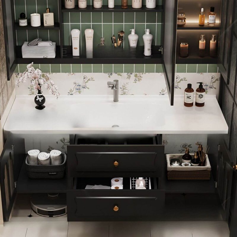 Stain Resistant Bathroom Vanity with Chrome Faucet, Black Base, 5 Doors, Cabinet Hardware, Chalk Sink, and Backsplash, Vanity & Faucet, 48"L x 20"W x 20"H
