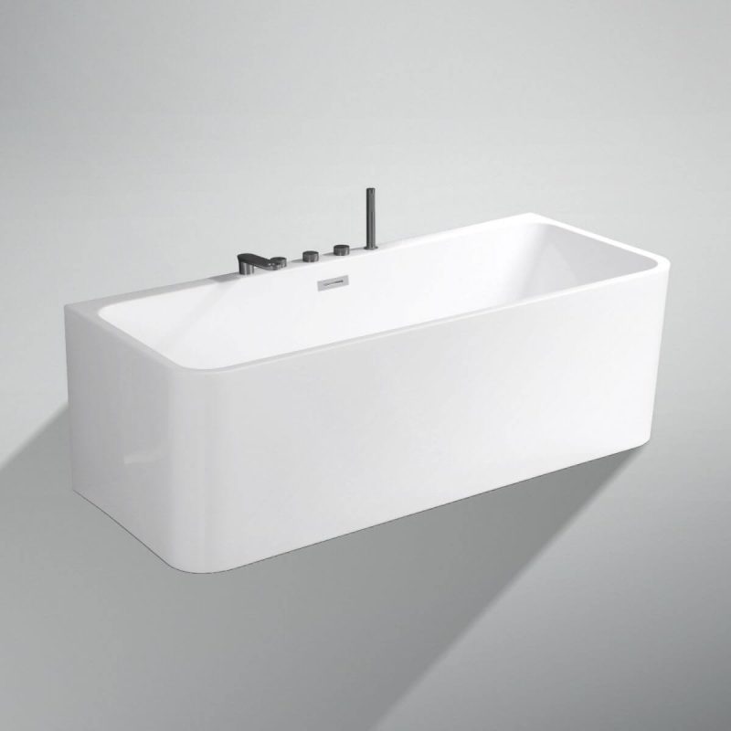 Freestanding Bathtub with 3 Handles, Compression Faucet, Valve, Rectangle Shape, Casual Style, Back to Wall Design, and Lucite Material, 47"L x 28"W x 24"H, Gun Grey