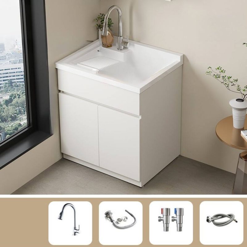 Oxidation Resistant Quartz Bathroom Vanity with Chrome Faucet & Free-standing Standard Installation & Chalk Base & 2 Doors & Backsplash, Vanity & Faucet, 30"L x 23"W x 35"H