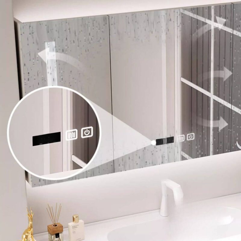 Trendy Rectangular White Ceramic Bathroom Vanity with 7 Doors, Ivory Base and Overflow Hole, 59"L x 19.5"W x 19.5"H, Bathroom Vanity & Smart Glass Door Mirror Cabinet