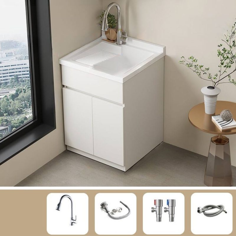 Oxidation Resistant Quartz Bathroom Vanity with Chrome Faucet & Free-standing Standard Installation & Chalk Base & 2 Doors & Backsplash, Vanity & Faucet, 24"L x 23"W x 34"H
