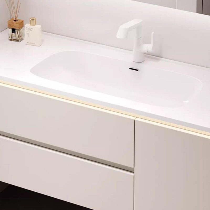 Simplistic Rectangular White Ceramic Bathroom Vanity with 7 Doors, Cream Base and Overflow Hole, 43.3"L x 19.7"W x 19.7"H, Bathroom Vanity & Smart Glass Door Mirror Cabinet
