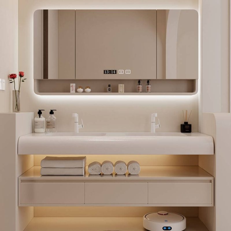 Ivory Bathroom Vanity with Biscuit Sintered Stone Water Channel & Chalk Faucet & Drain Assembly & 1 Mirror & 3 Drawers, 43"L x 20"W x 16"H, Bathroom Vanity & Faucet & Smart Vanity Mirror Cabinet