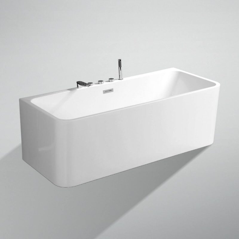 Metallic Freestanding Bathtub with 3 Handles, Compression Faucet, Valve, Rectangle Shape, Casual Style, and Back to Wall Design, 59"L x 28"W x 23"H