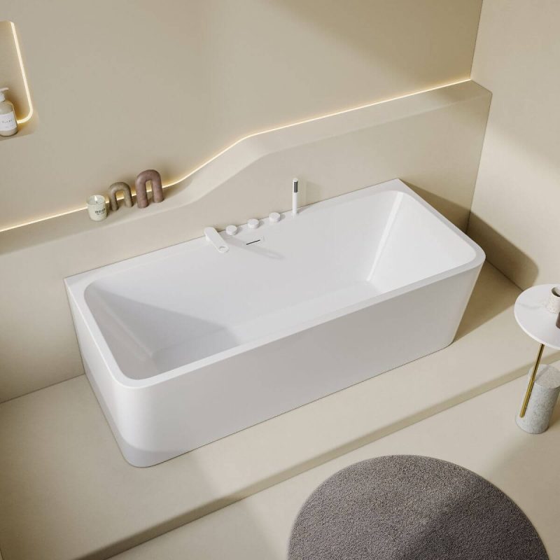 Freestanding Bathtub with 3 Handles, Compression Faucet, Valve, Rectangle Shape, Casual Style, Chalk Color, and Back to Wall Design, 59"L x 28"W x 23"H