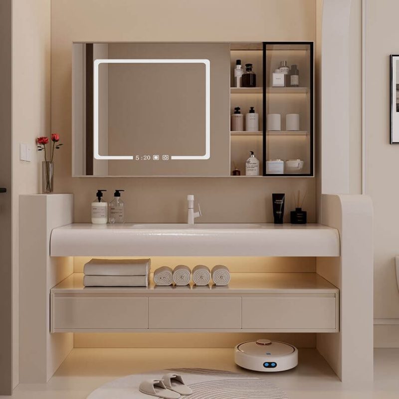 Beige Top Biscuit Finish Bathroom Vanity with Stone Sink, 1 Mirror, Chalk Faucet, Contemporary Style, and Rectangular Shape, 35.5"L x 20"W x 16"H, Vanity & Faucet & Fully Sealed Smart Mirror Cabinet
