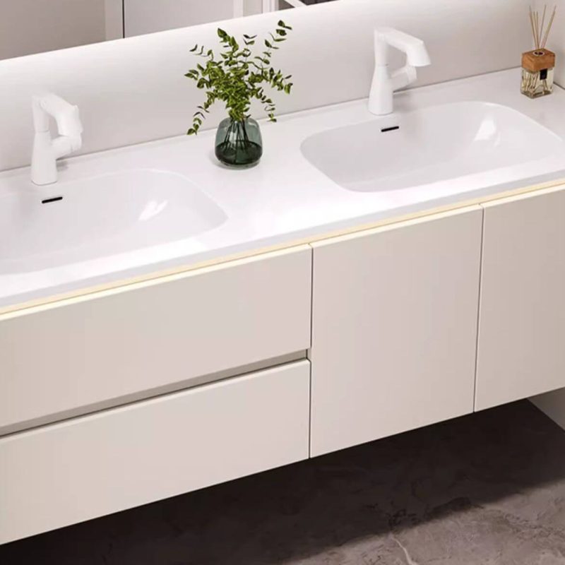 Bathroom Vanity with 5 Doors, Chalk Faucet, Beige Base, Ceramic Countertop, Overflow Hole, Contemporary Style, and Rectangular Sink, 55"L x 20"W x 20"H, Vanity & Smart Mirror Cabinet