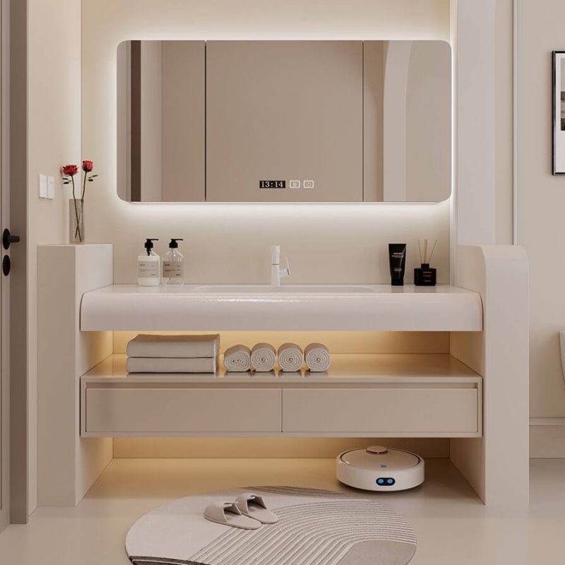 Ivory Bathroom Vanity with Biscuit Stone Water Channel & White Faucet & Shelf & Drain Assembly & 1 Mirror, 31.5"L x 19.5"W x 16"H, Bathroom Vanity & Faucet & Smart Vanity Mirror Cabinet