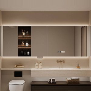 Beige 4 Shelves Medicine Cabinet with Illuminating, Rectangle Shape, Hydrophobic Resistance, Plug-in, and Mirroring, 47.2"L x 5.9"W x 29.5"H