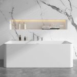 Freestanding Bathtub with 2 Handles, Compression Faucet, Valve, Rectangle Shape, Casual Style, White Color, and Back to Wall Design, Tub with Silver 3-Piece Set, 59"L x 31"W x 22"H