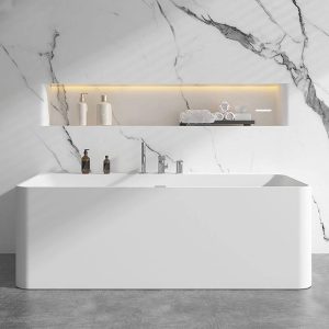 Freestanding Bathtub with 2 Handles, Compression Faucet, Valve, Rectangle Shape, Casual Style, White Color, and Back to Wall Design, Tub with Silver 3-Piece Set, 59"L x 31"W x 22"H